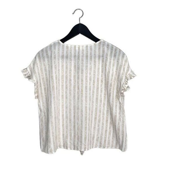 Hem & Thread Womens Striped Top Blouse V Neck Ruffle Cap Sleeve Tie Beige Small - Picture 3 of 9